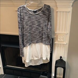Mix-Media Layered Long Sleeve Top - Gray and White